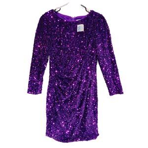 Nanette‎ Lepore Sequin Dress 8 Womens Purple Long Sleeve Mother Bride Ruched NEW